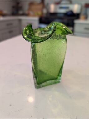 Hand Blown Foreside Green Art Glass Bud Vase with Ruffled Rim
